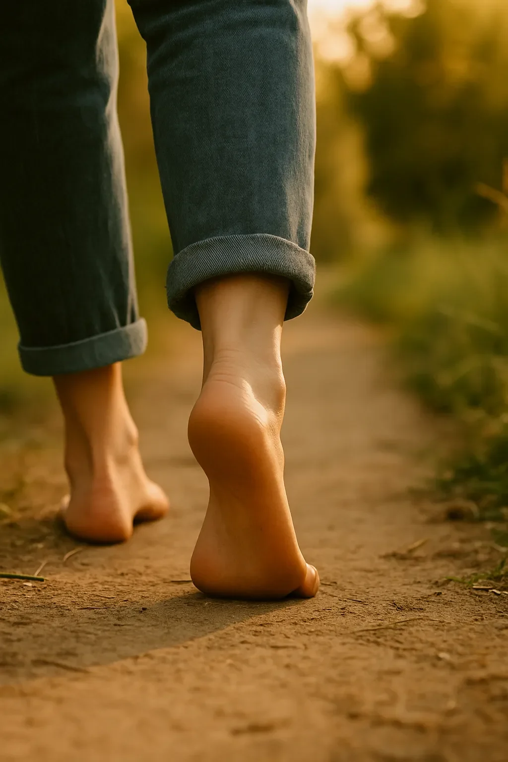 A close-up of bare feet walking on a dirt path in soft golden light.