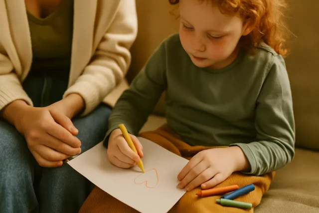 A young child sits next to an adult on a beige sofa, calmly drawing a heart with a crayon on paper.