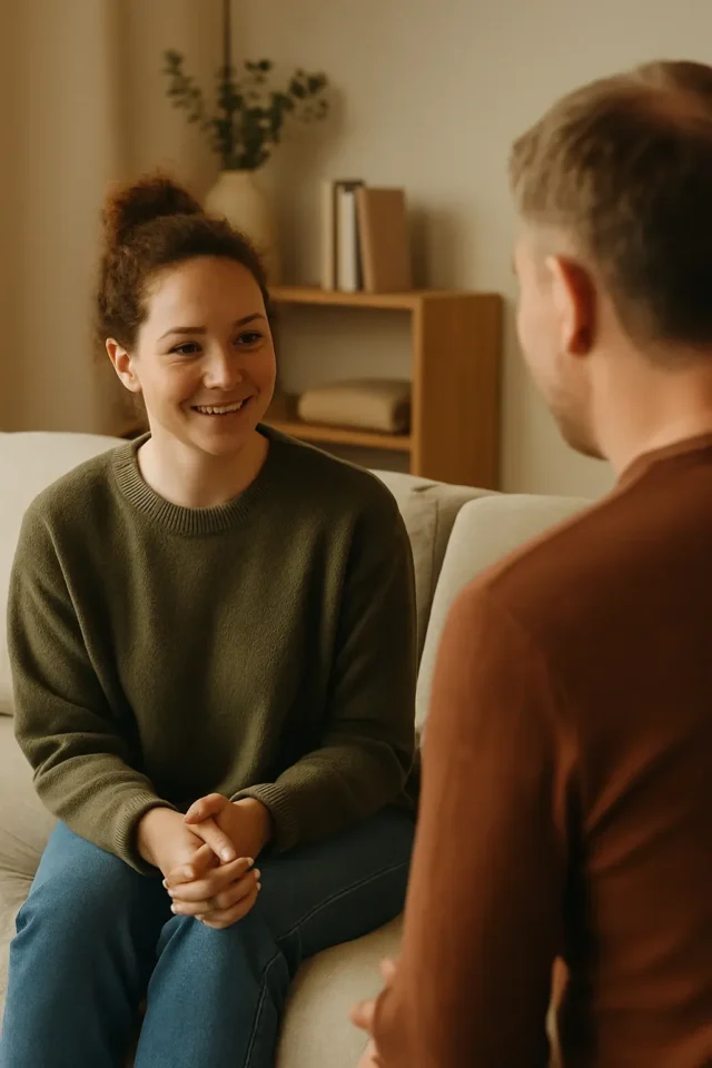 A young woman sitting on a sofa smiling warmly while talking to a man seated across from her.