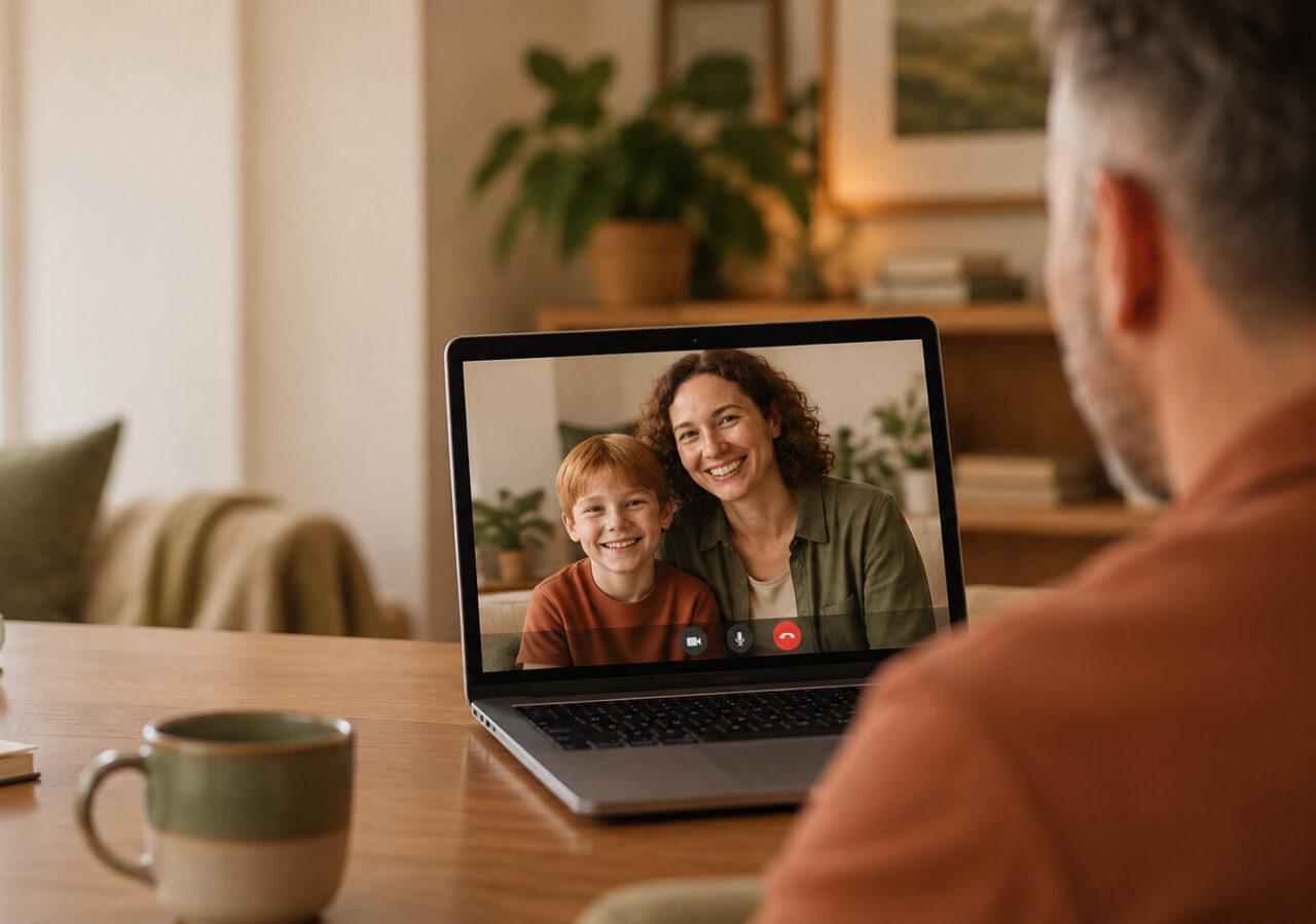 Mother and child speaking with a therapist during an online session